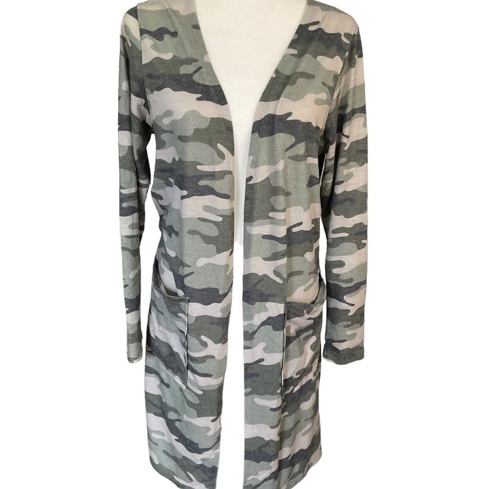 Mara Lizabeth Green Camo Open Front Long Sleeve Duster Cardigan Size L